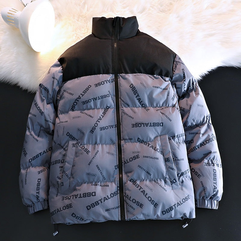 Unisex Padded Quilted Jacket with Allover Logo Print, High Stand-Up Collar & Adjustable Hem Mune Fashion
