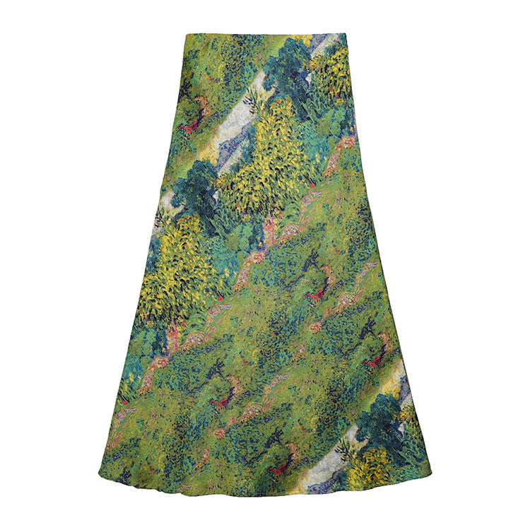 Women's flowing midi skirt with floral print and A-line silhouette in satin-like fabric Mune Fashion