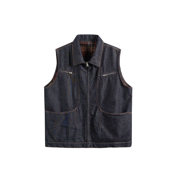 Men's denim vest with zipper, large flap pockets and check lining Mune Fashion