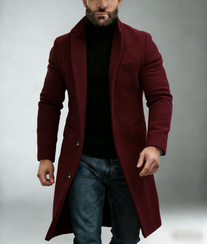 Men's Elegant Single-Breasted Long Coat Made of Wool Blend with Slim Silhouette and Lapel Collar Mune Fashion