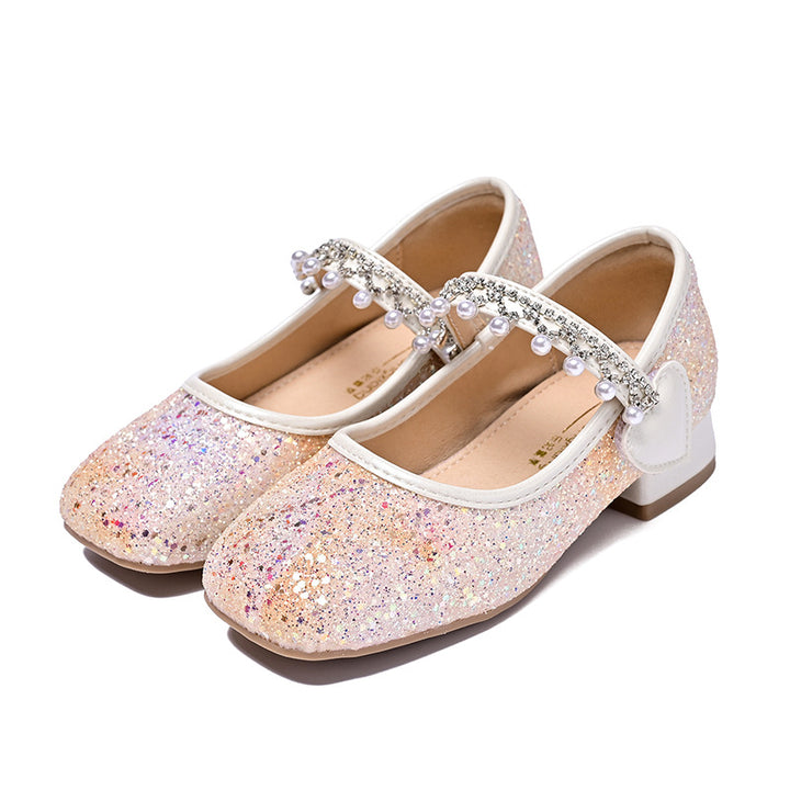 Girls Glittering Mary Jane Ballet Flats with Pearls and Bow Decor Mune Fashion