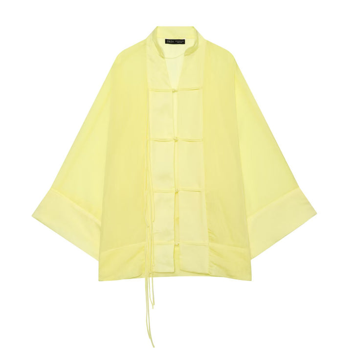 Women Oversize Kimono Jacket with Decorative Knot and Long Fringed Ribbons Mune Fashion