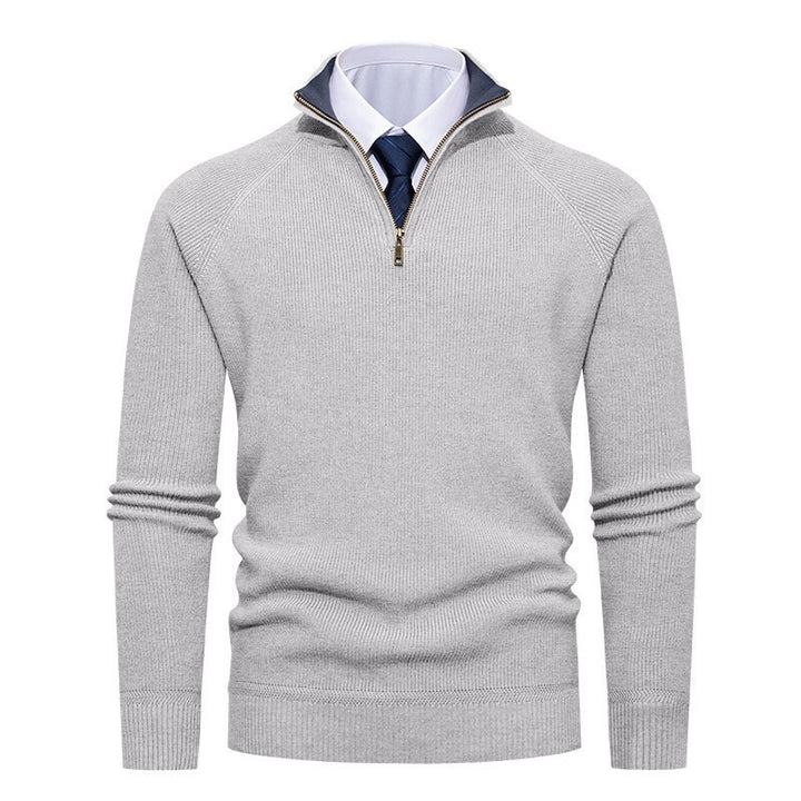 Men's fine knit pullover with half zip, structured ribbed look and inside contrasted standing collar Mune Fashion