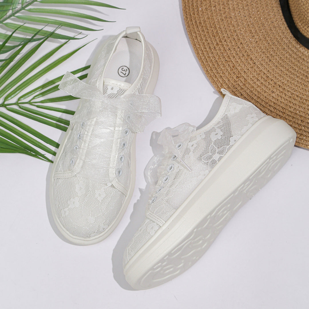Women’s Platform Sneaker with Lace Overlay and Transparent Organza Straps Mune Fashion
