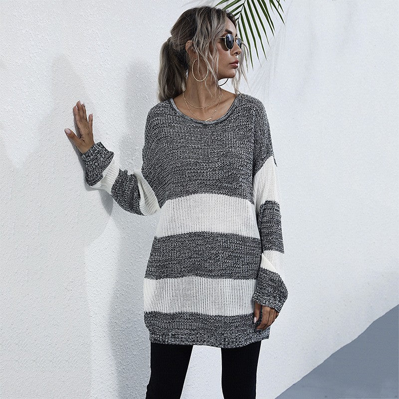 Ladies Oversize Long Sweater with Block Stripes and Round Neckline Mune Fashion