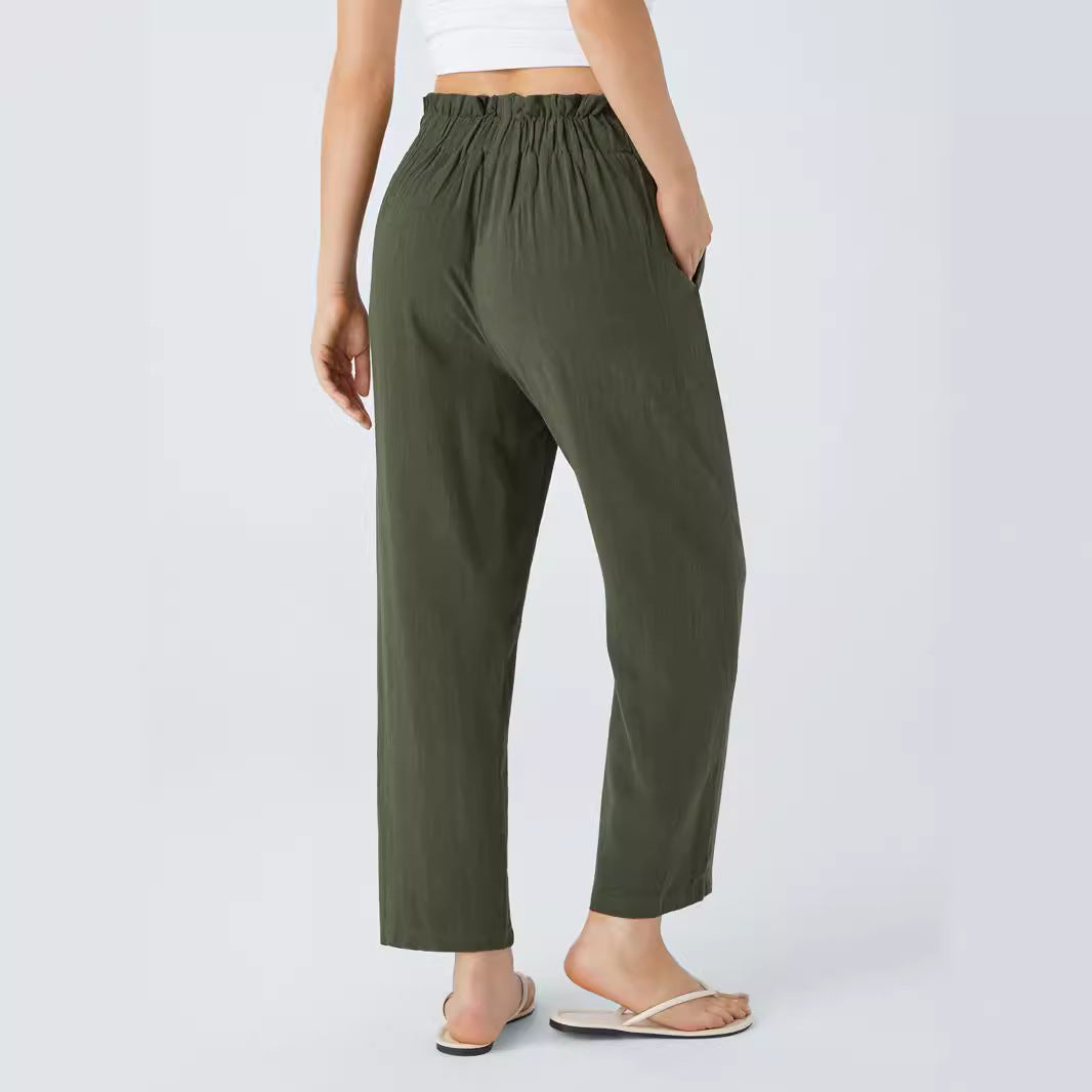 Women's High-Waisted Pleated Linen Pants with Decorative Button Placket Mune Fashion