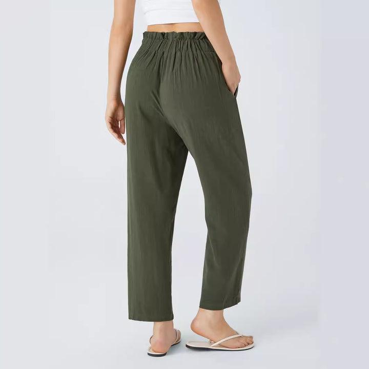 Women's High-Waisted Pleated Linen Pants with Decorative Button Placket Mune Fashion