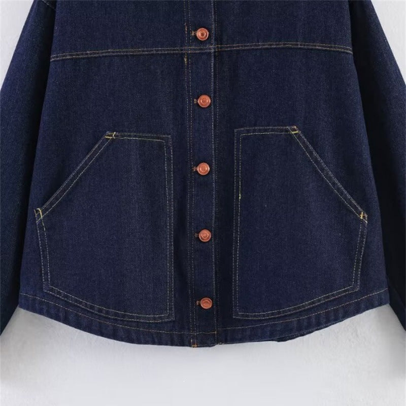 Women's Oversized Denim Jacket with Boxy Cropped Cut, Patch Pockets and Contrast Stitching Mune Fashion