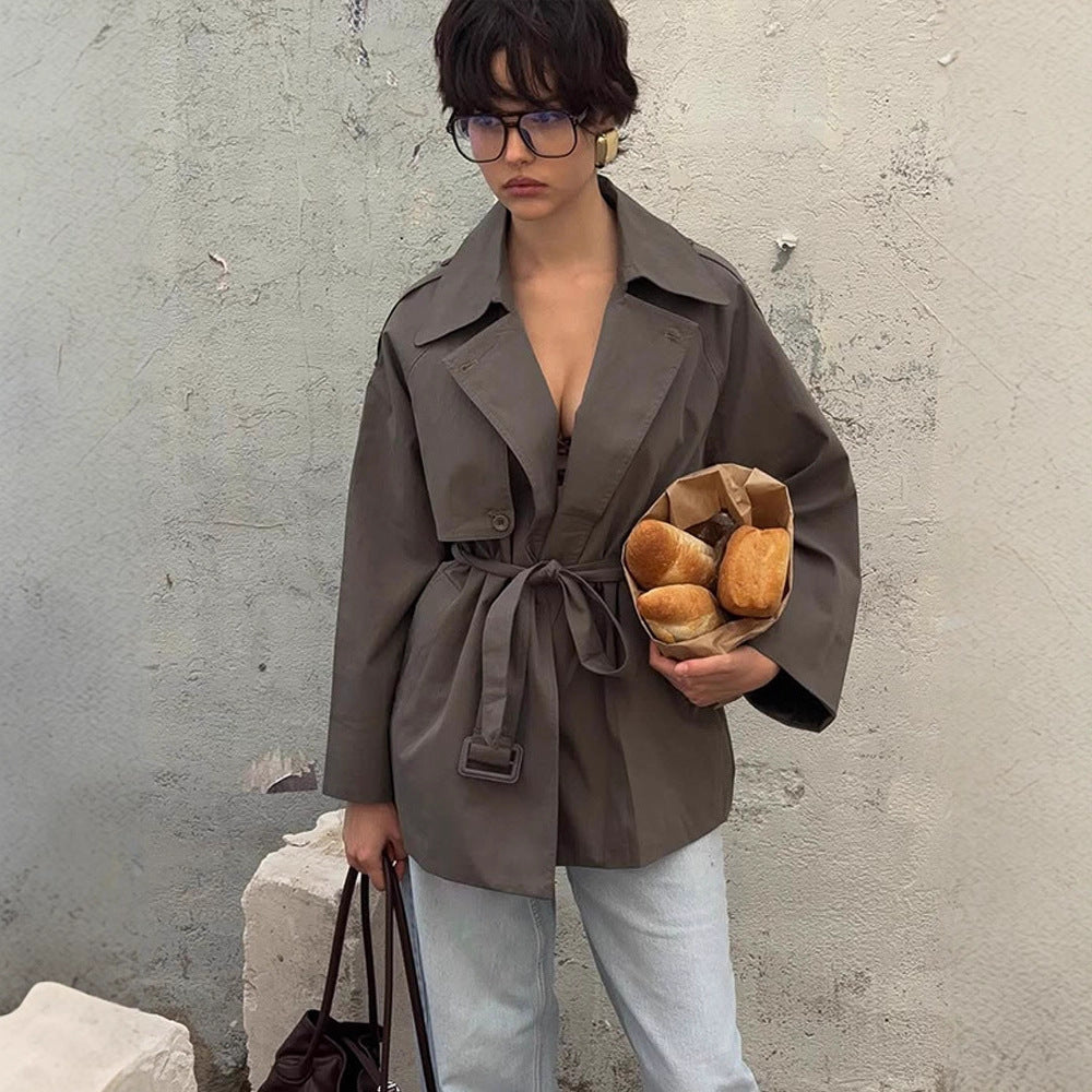 Women Short Trench Coat with Tied Belt and Oversized Sleeves Mune Fashion