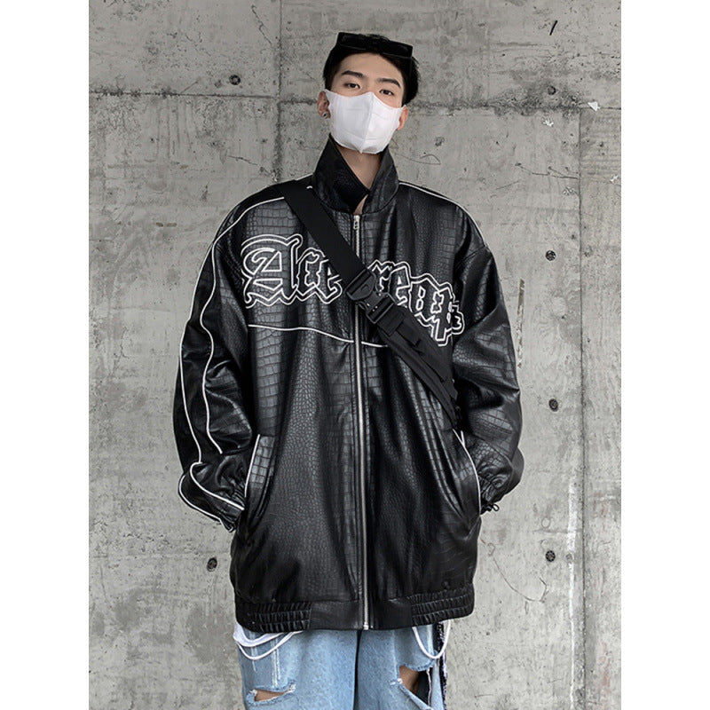 Men's Oversized Faux Leather Jacket with Crocodile Embossing and Contrast Piping Mune Fashion
