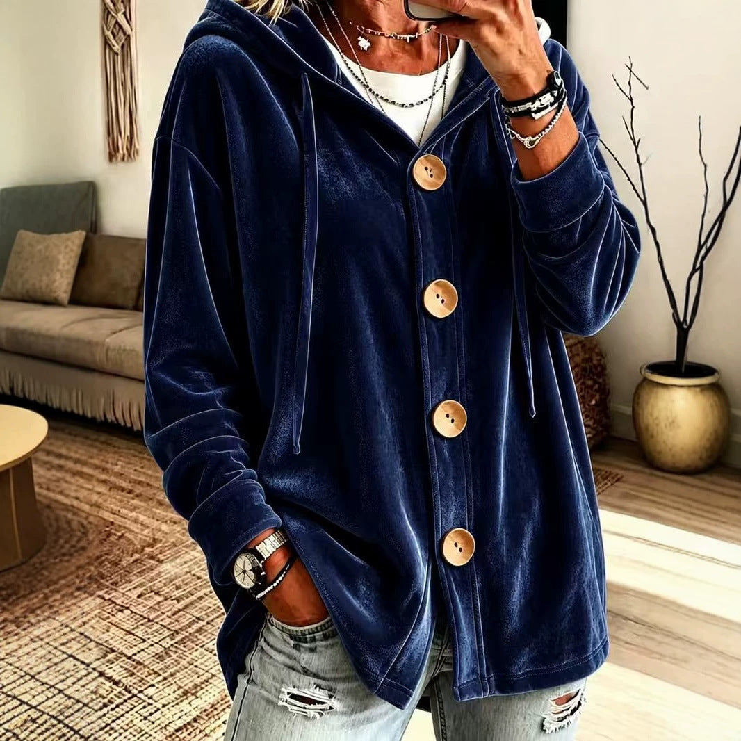 Women's Oversize Hooded Velvet Jacket with Large Wooden Buttons and Soft Velour Lining Mune Fashion