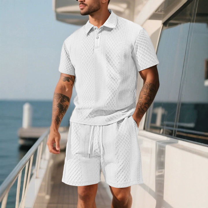Men's elegant leisure two-piece made of textured knit with polo collar short-sleeve shirt and drawstring Bermuda Mune Fashion