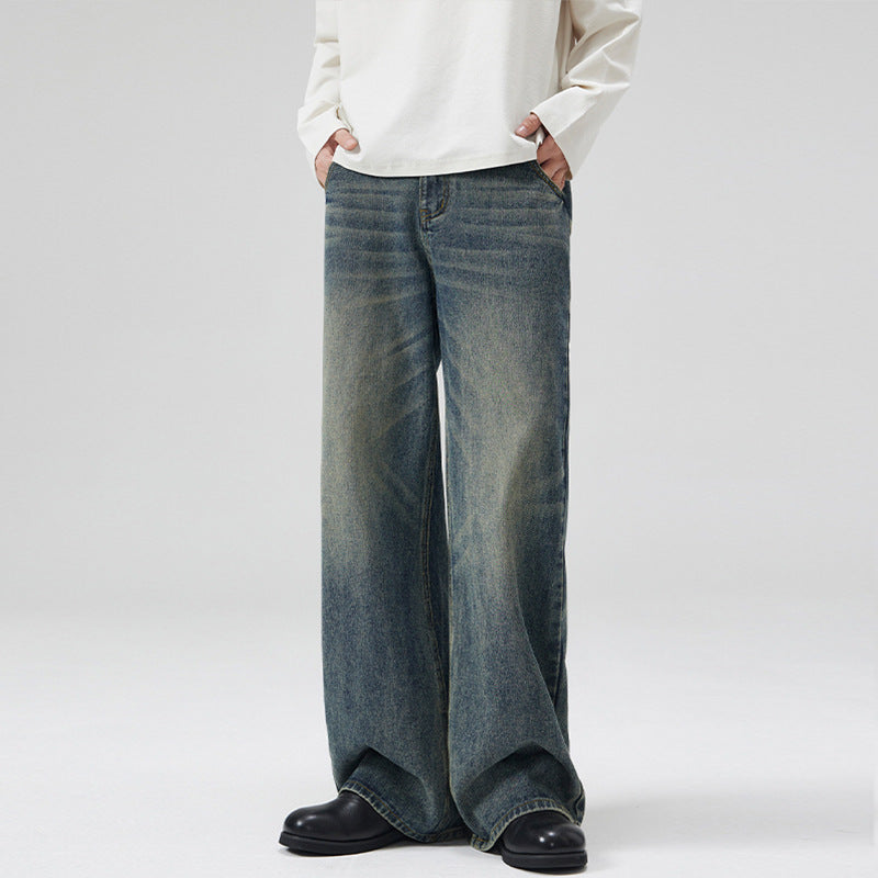 Men's Wide Denim Jeans in Retro Workwear Look with Distinctive Whisker and Pleat Accents Mune Fashion