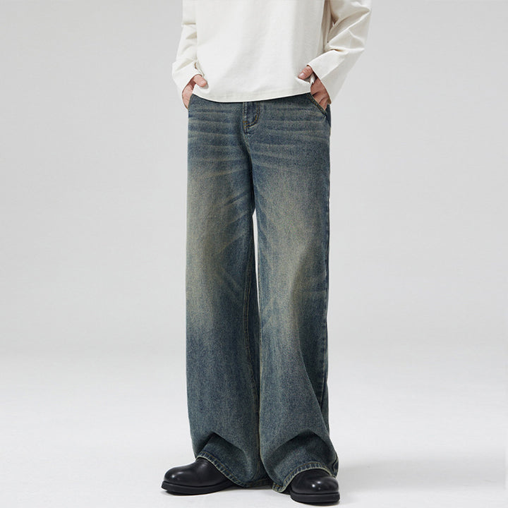 Men's Wide Denim Jeans in Retro Workwear Look with Distinctive Whisker and Pleat Accents Mune Fashion