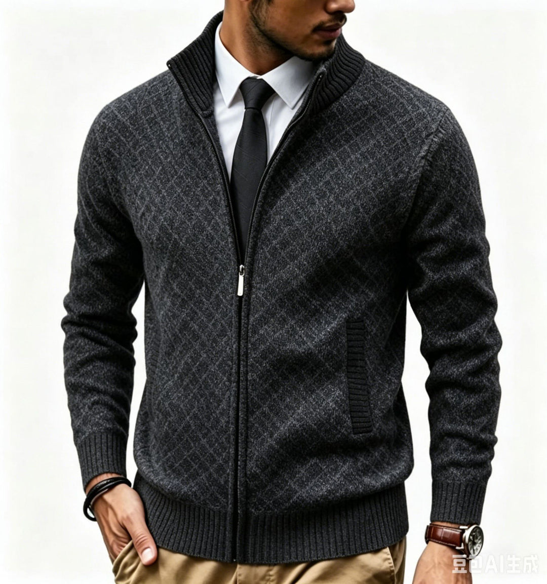 Men's Structured Cardigan with Stand-up Collar and Diamond Jacquard Mune Fashion