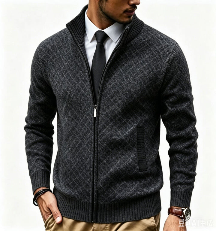 Men's Structured Cardigan with Stand-up Collar and Diamond Jacquard Mune Fashion