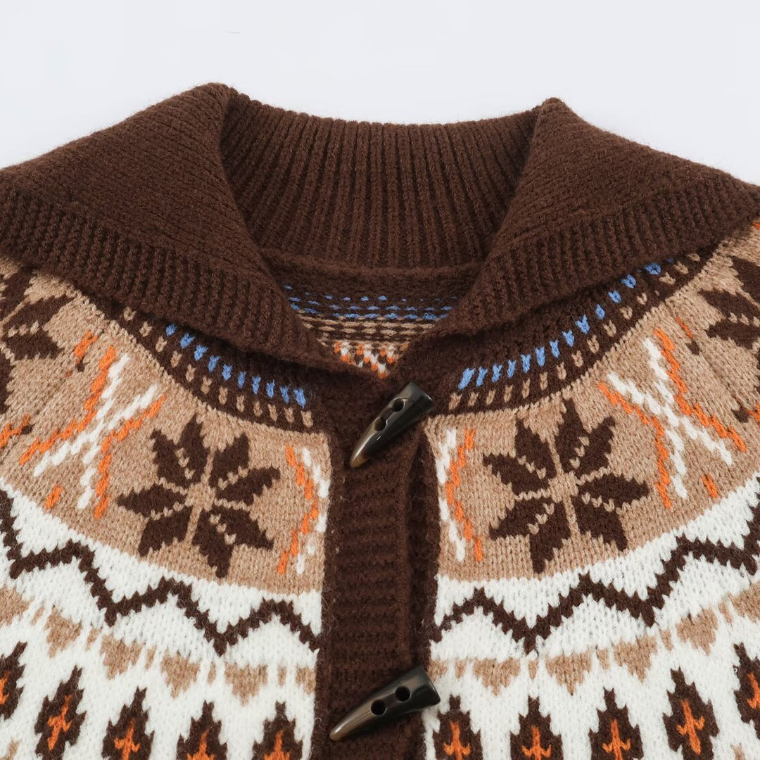 Women Chunky Knit Norwegian Cardigan with Shawl Collar and Horn Button Placket Mune Fashion