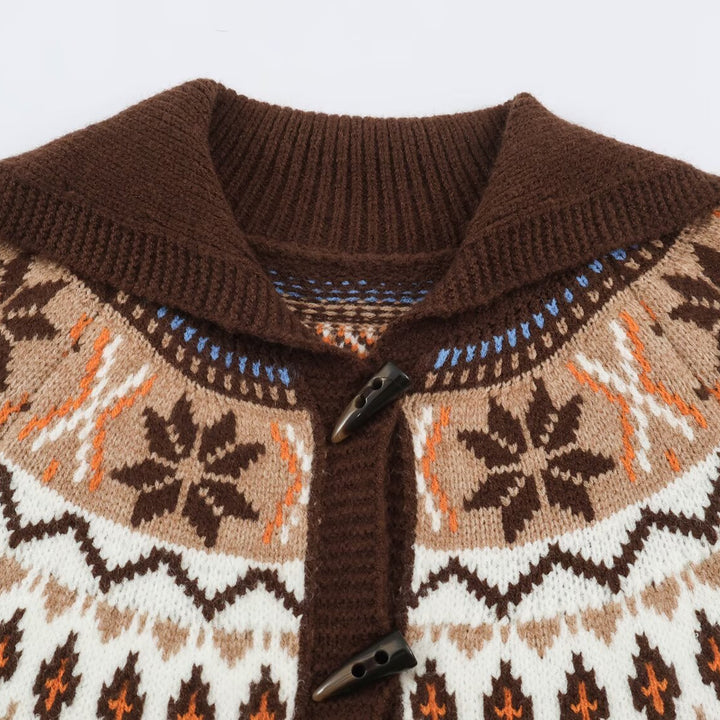 Women Chunky Knit Norwegian Cardigan with Shawl Collar and Horn Button Placket Mune Fashion