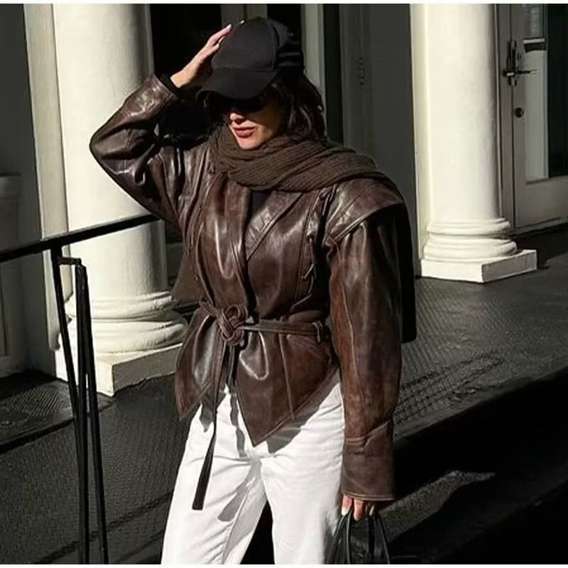 Women Tailored Wrap Leather Blazer with Emphasized Shoulder Puffers and Ties Belt Mune Fashion