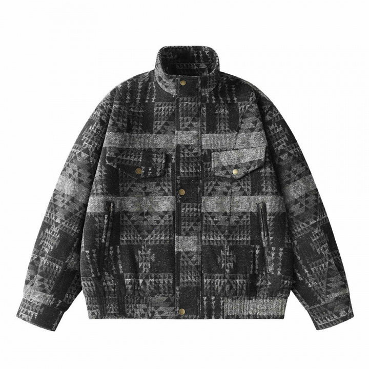 Unisex Boxy Jacquard Wool Bomber Jacket with Stand-Up Collar, Flap Pockets, and Elastic Hem Mune Fashion