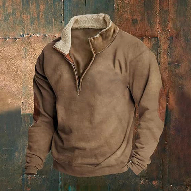 Men Cord-Optic Half-Zip Sweater with Teddy Collar and Elbow Patches Mune Fashion