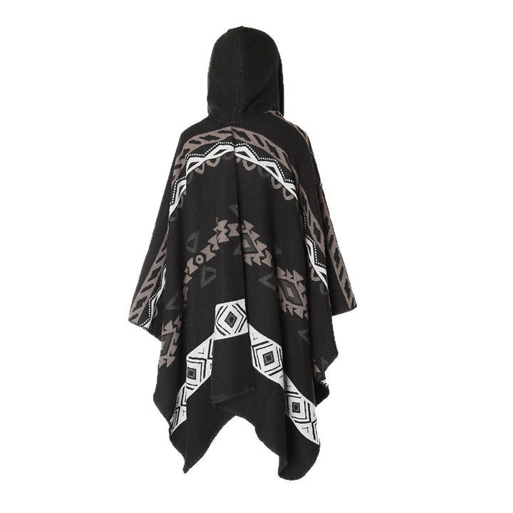 Women's Hooded Cape made of Wool Blend with Graphic Aztec Pattern Mune Fashion