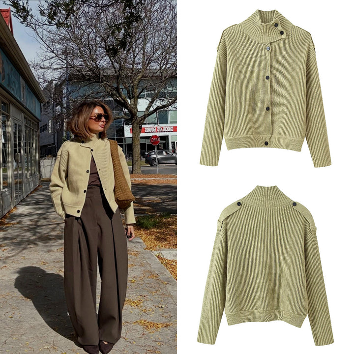 Women Ribbed Knit Cardigan with High Stand-up Collar and Button Placket Mune Fashion