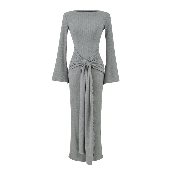 Ladies maxi dress made of ribbed knit with trumpet sleeves and waist knot detail Mune Fashion