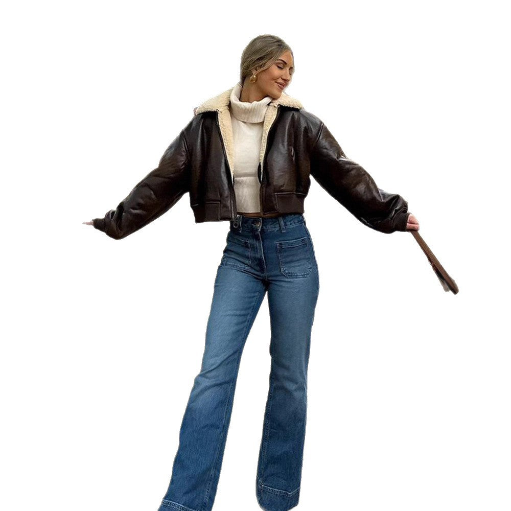 Ladies short cut pilot jacket with teddy lining and oversized sleeves Mune Fashion