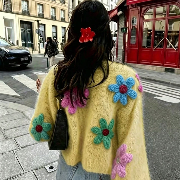 Women's Oversize Knit Cardigan with 3D Flower Appliqués Mune Fashion