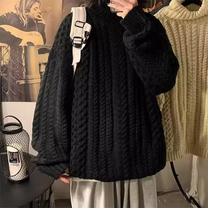 Women Chunky Knit Sweater with High Collar and Cable Pattern Mune Fashion