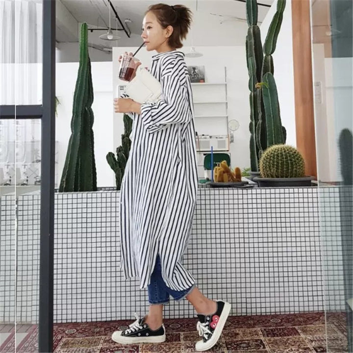 Women’s Long Striped Shirt Midi Dress with Stand Collar, Oversized Fit and Deep Side Slits Mune Fashion