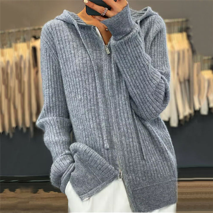 Women's oversized ribbed knit hoodie cardigan with two-way zipper and cashmere blend Mune Fashion