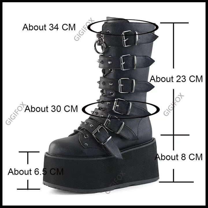 Women knee-high patent platform boots with multiple adjustable buckles and heart-shaped studs Mune Fashion