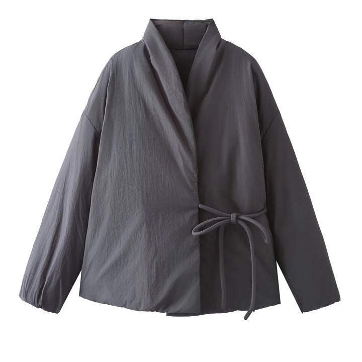 Women's tailored wrap jacket with shawl collar, tie belt and boxy sleeves Mune Fashion