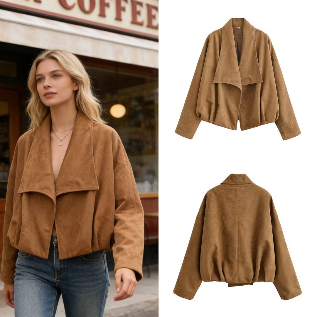 Women’s short jacket in waterfall look with soft velour finish and wide shawl collar Mune Fashion