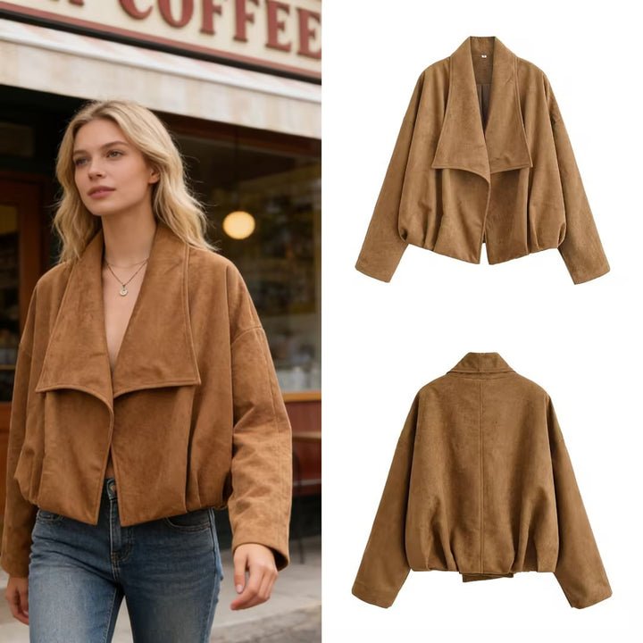 Women’s short jacket in waterfall look with soft velour finish and wide shawl collar Mune Fashion