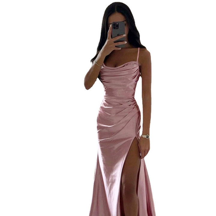 Women Elegant Evening Dress with Gatherings and High Split Mune Fashion