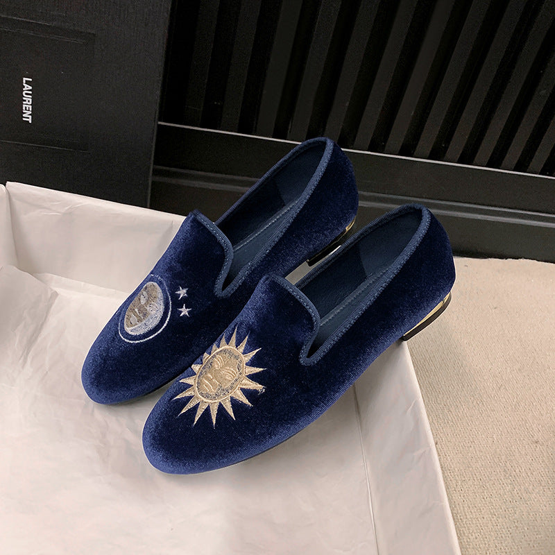 Ladies Velvet Slippers with Sun Embroidery and Gold Heel Cap Mune Fashion