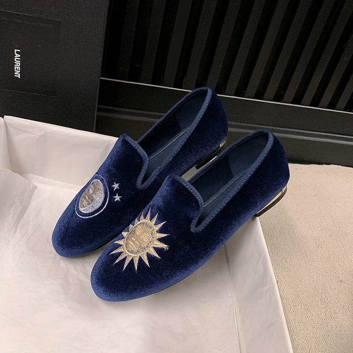 Ladies Velvet Slippers with Sun Embroidery and Gold Heel Cap Mune Fashion
