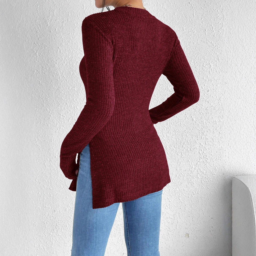 Women's Ribbed Tailored Fine Knit Sweater with Stand-up Collar, Long Sleeves and Side Slits Mune Fashion