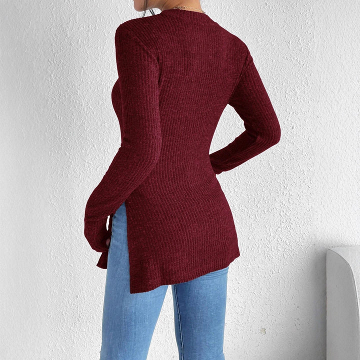 Women's Ribbed Tailored Fine Knit Sweater with Stand-up Collar, Long Sleeves and Side Slits Mune Fashion