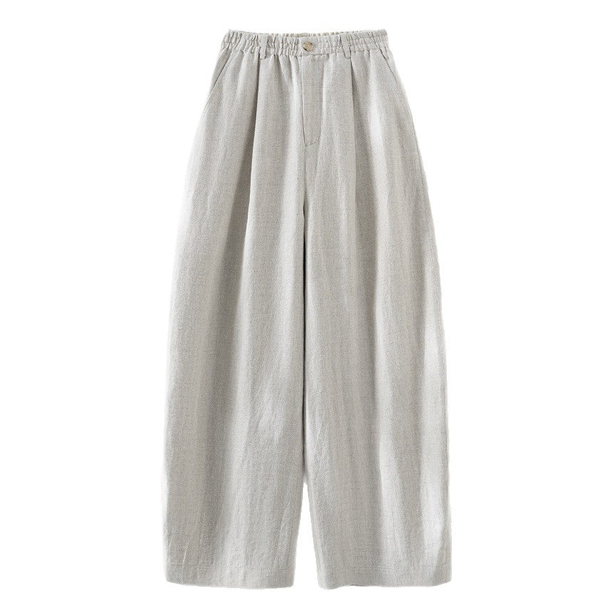 Women's Wide Linen Look Trousers with High Elastic Waistband, Pleats and Straight Leg Mune Fashion