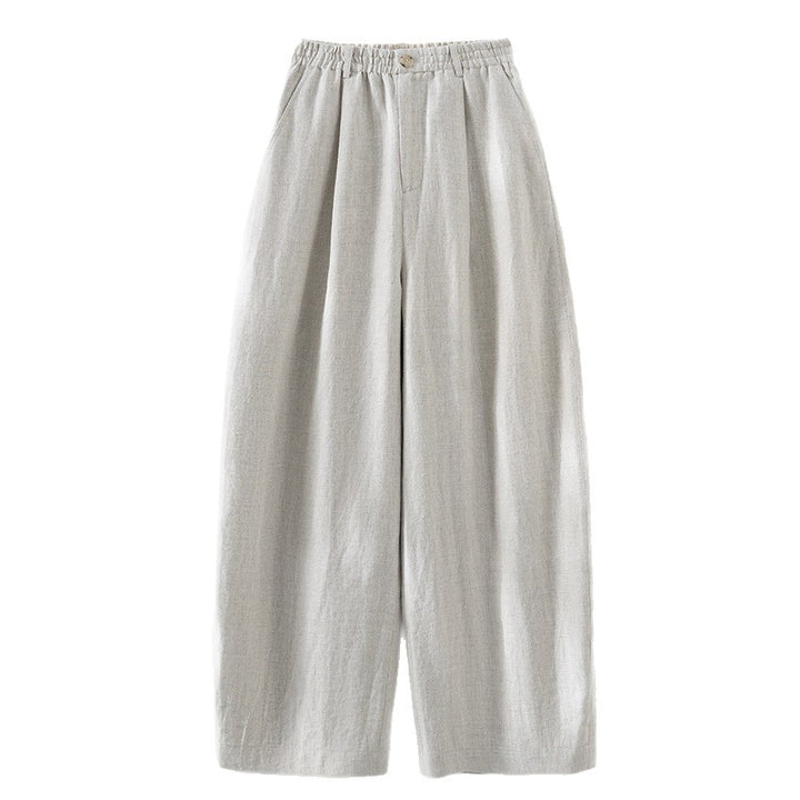 Women's Wide Linen Look Trousers with High Elastic Waistband, Pleats and Straight Leg Mune Fashion