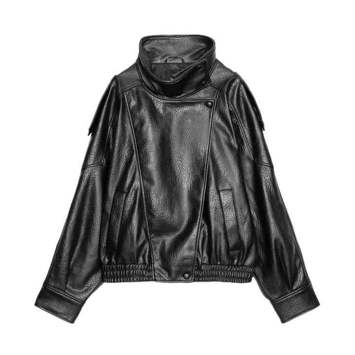 Ladies leather jacket with high stand-up collar and asymmetrical snap button placket Mune Fashion
