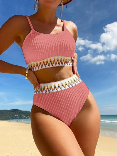 Women's High-Waisted Bikini Set with Trendy Ribbed Design and Colorful Accent Mune Fashion