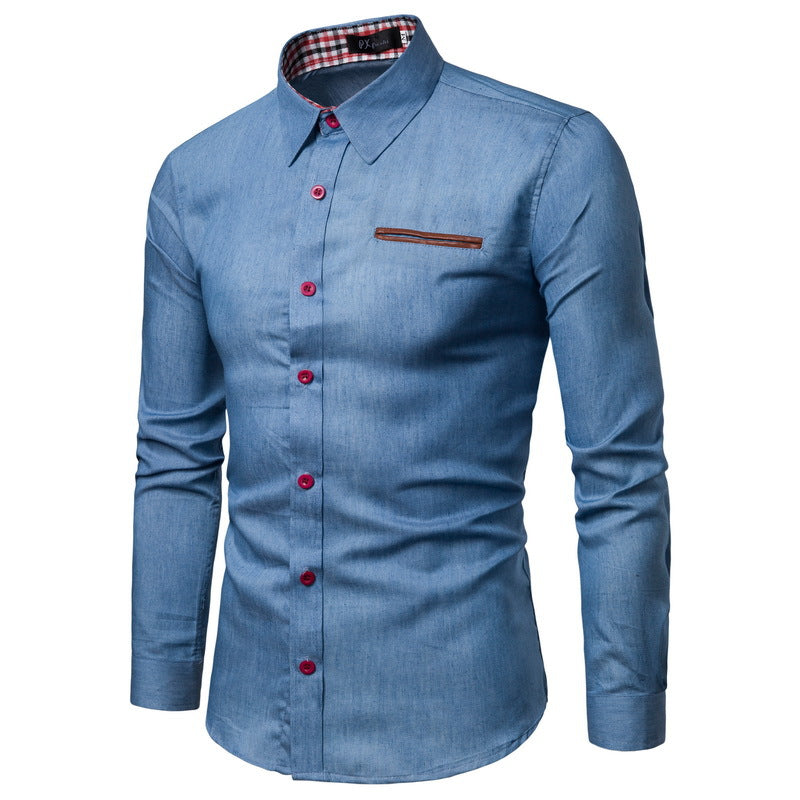 Men's Slim-Fit Denim Shirt with Chest Pocket and Checked Collar Lining Mune Fashion