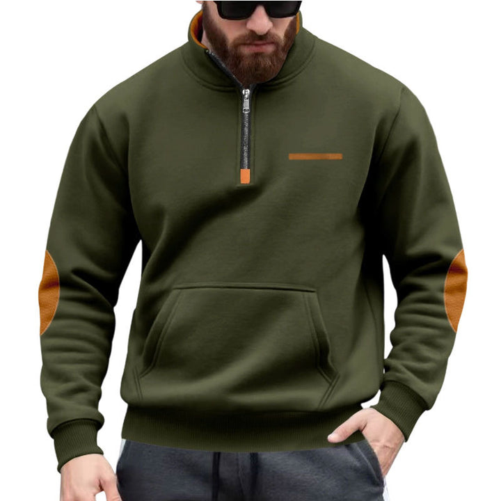 Men's half-zip sweatshirt with stand-up collar, kangaroo pocket, and elbow patches Mune Fashion