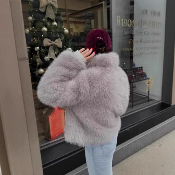 Women's Short-Cut Faux Fur Blouson with Voluminous Shawl Collar and Dense Pile Mune Fashion