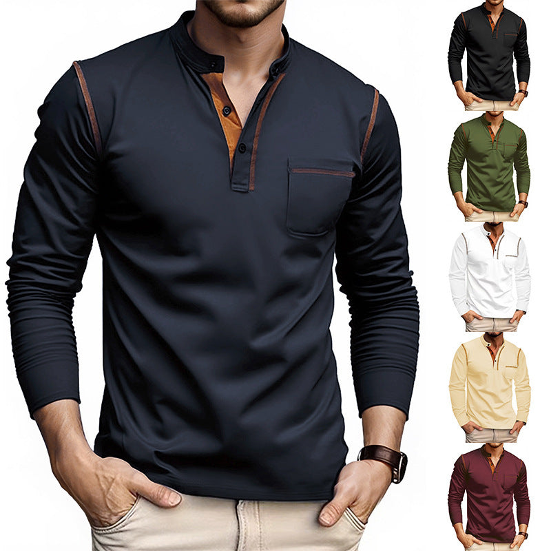 Men's Long Sleeve Shirt with Short Button Placket, Chest Pocket and Contrasting Decorative Stitching Mune Fashion